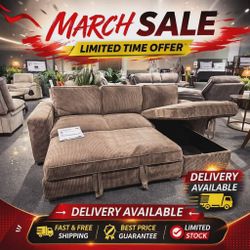 Brown corduroy reversible sectional sleeper sofa with pull out bed