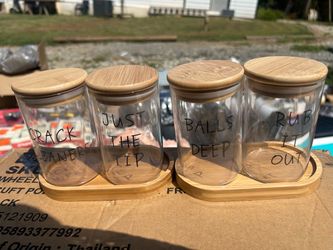 Funny Bathroom Storage Jar Set – 4 Glass Jars with Bamboo Lids & Trays