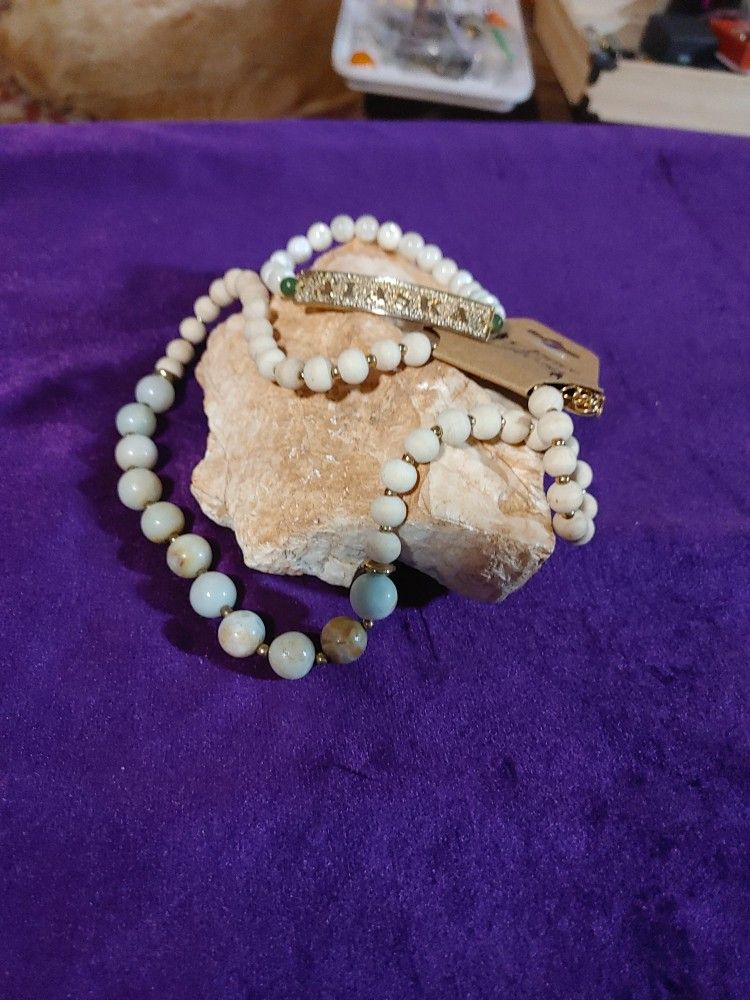 Twofer, Marble Beaded Necklace/glass Bracelet