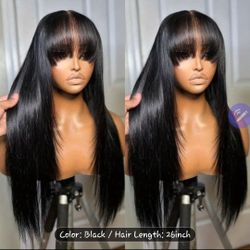 180% Density Brazilian Virgin Human Hair Wig with Bangs 28"