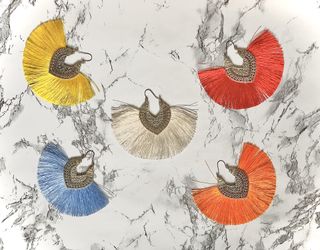 Big boho fringe tassel earrings, periwinkle, red, yellow