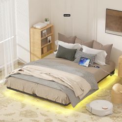 King Size Floating Bed Frame with LED Lights, Heavy Duty Metal Platform Floating Bed Frame with Charging Station, No Box Spring Needed, Black