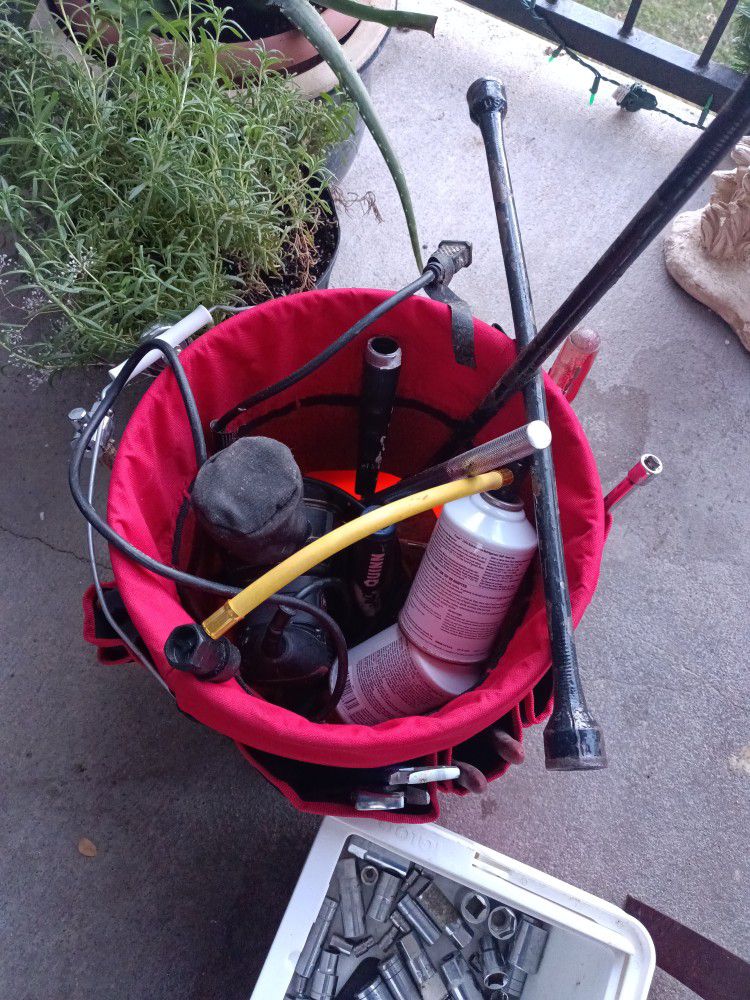 Mechanic tools and sander & bucket with pockets etc