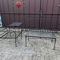 Long Metal Bench & Single Metal Chair w/ 2 Tables w/ Glass Tops *No Cushions*