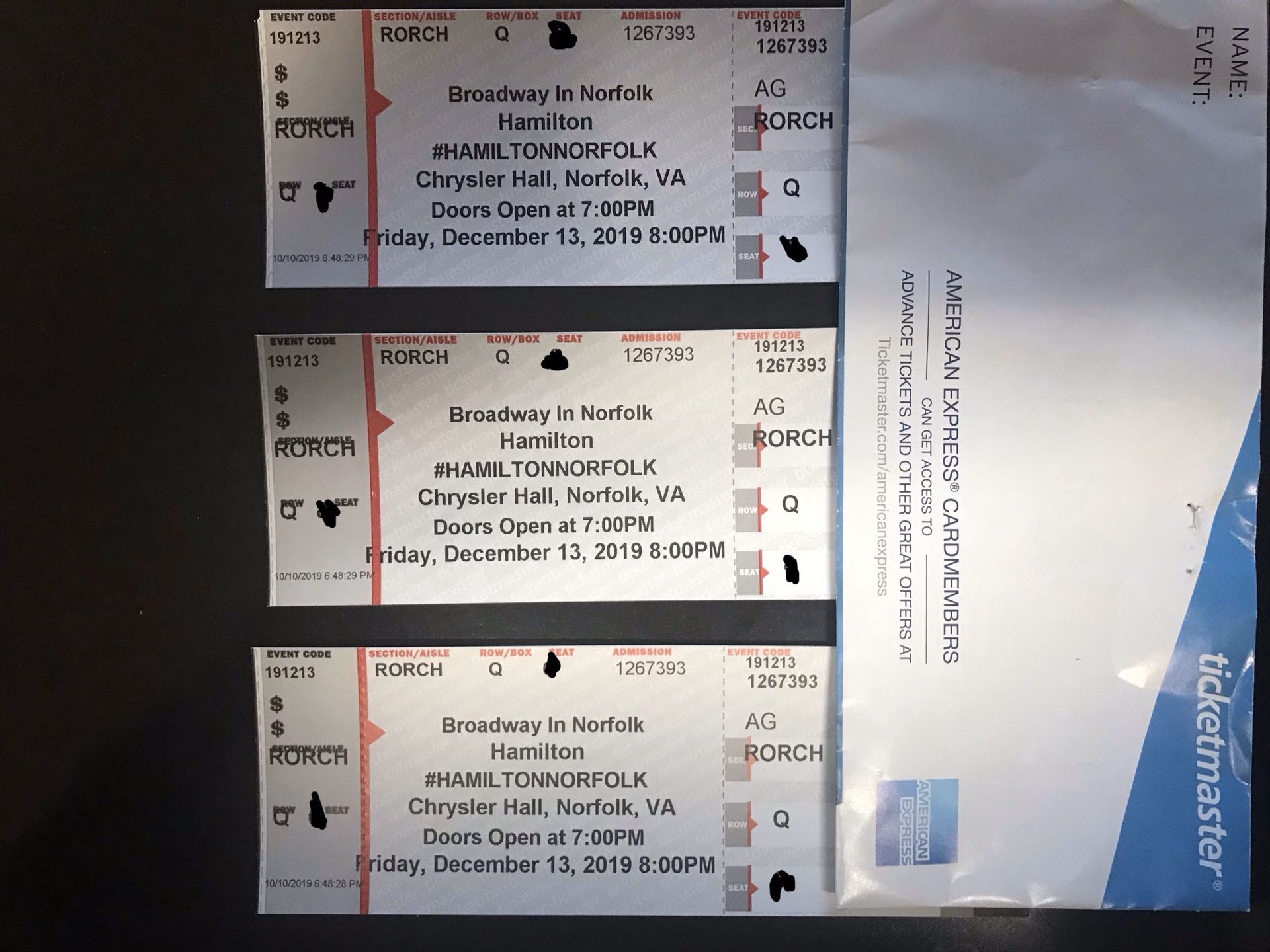 Hamilton 3 Orchestra Tickets. December 13th