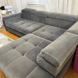 Grey Velvet Sectional With Hidden Storage And Adjustable Backrests