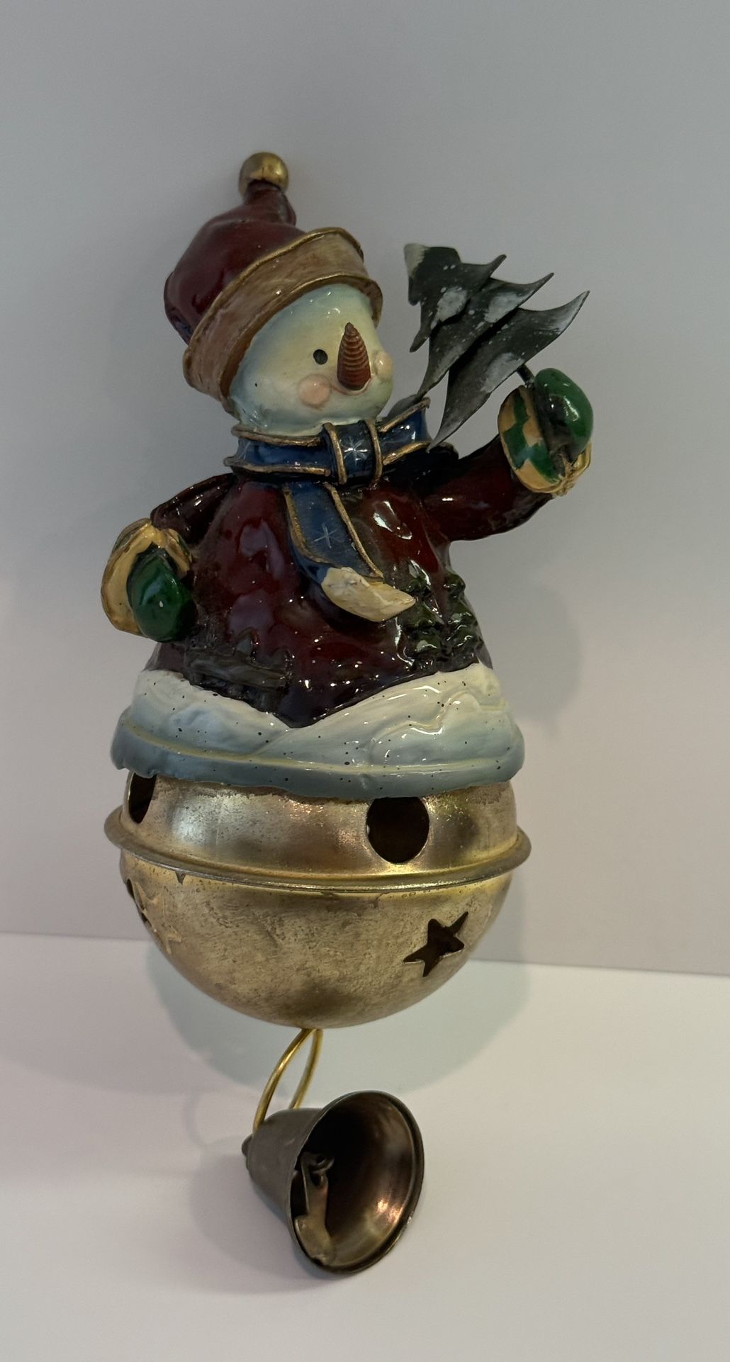 Vintage Snowman Christmas brass ornament with bell.