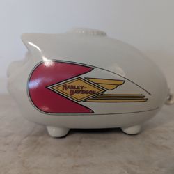 White Mini Vintage Harley Davidson Hog Gas Tank Piggy Bank 6.5" Collectible