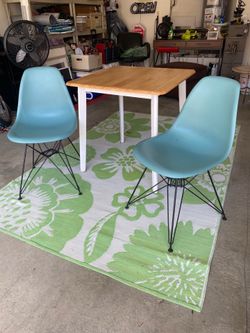 Mid-Century Modern Dining Set - Wood Table & 2 Teal Chairs Furniture
