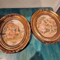 Pair of Vintage Oval Framed Tapestries