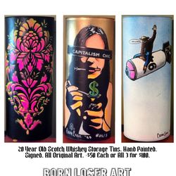 Original Hand Painted Whiskey Display Tins - Display Your Liquor Bottles With Artwork - Graffiti / Street Art - Banksy Obey Born Loser