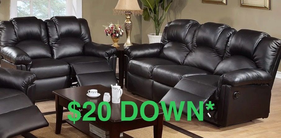 New Black Leather Recliner Sofa Set (Finance and Delivery)