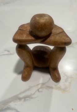Vintage Wooden Hand Carved Sculpture Abstract Sitting Man Statue