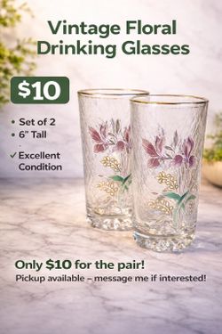 Vintage Floral Drinking Glasses – Set of 2 – Gold Trim