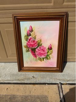 Vintage 1980 Signed Floral Oil Painting on Canvas – Pink Roses in Wooden Frame