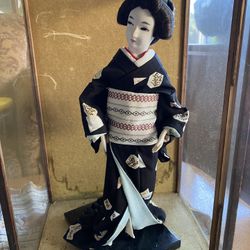 Japanese Geisha Doll - 15” Tall In Glass Case, Mid-Century