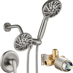 gotonovo Dual 2 in 1 Shower Head Kit High Pressure Combo System Shower Faucet 6 Modes ABS Handheld Spray Shower Trim Kit with Valve Shower Head and Ha