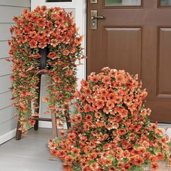 Set of 2 29" Artificial Hanging Orange Flowers Potted Plants, Faux Petunia with Fake Eucalyptus