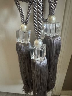 Large luxury Elegant Silver gray rope curtain tie back with tassels #curtain #tassels Clear and pearl with silver tassels.  30” long . 4- pc available