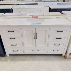 “60” Single Sink Bathroom Vanity in White Color with Black Handles and Marble Top in White  $919 
