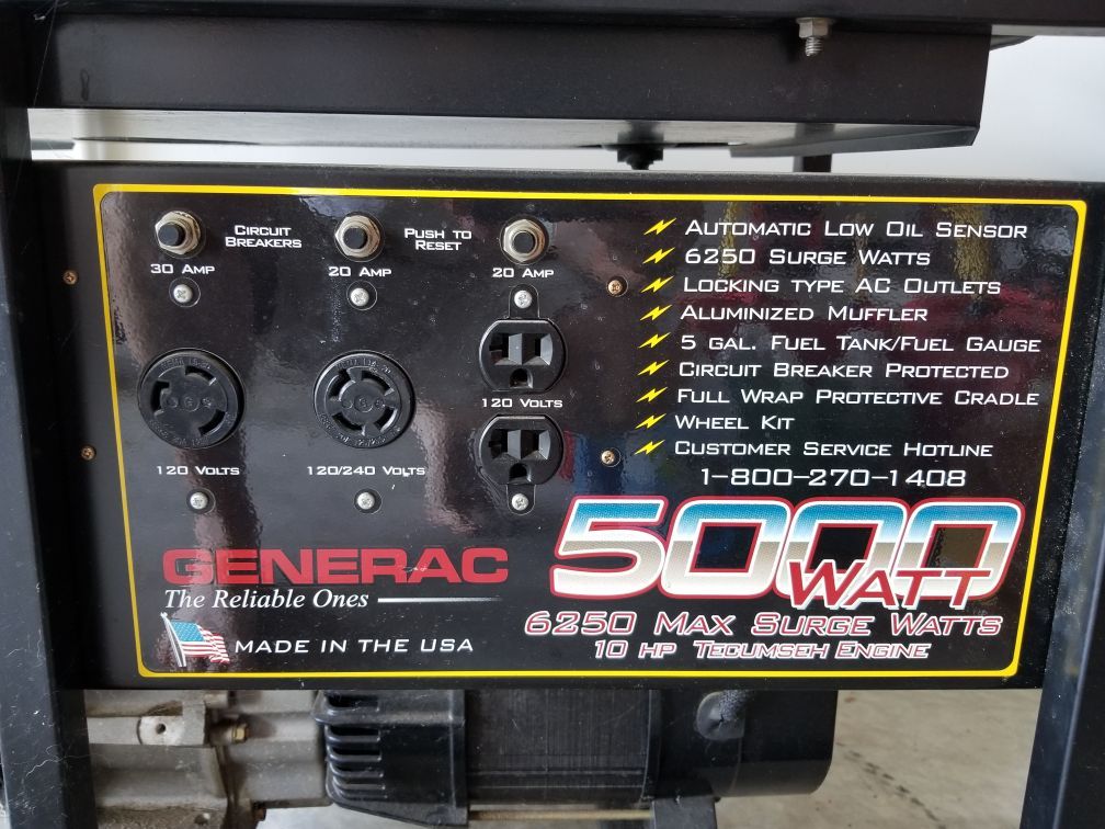 Generac 5000 Watt (6250 surge) Gasoline Generator, 10hp Tecumseh for