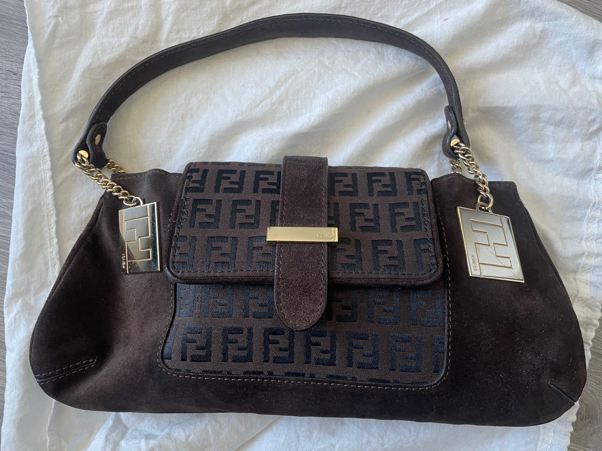 Chocolate Brown Suede Fendi Shoulder Bag 