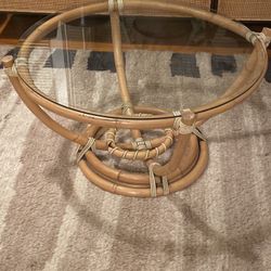 Four - Pole Rattan Stacked Base Coffee Table with Floating Glass Top