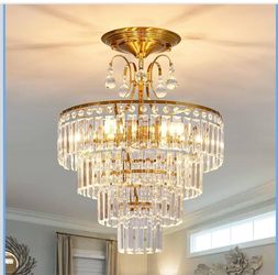 5-Light Gold Crystal Chandelier, Modern Semi-Flush Mount Ceiling Light Fixture (E12) for Bedroom, Living Room, Kitchen, Hallway, and Dining Room, 15.3