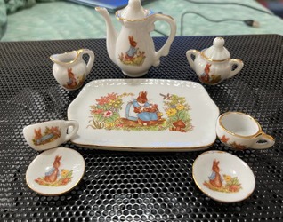 Glass tea set, cups & tray.