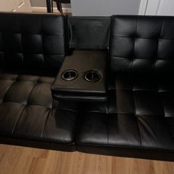 Memory Foam Futon with Cupholder, Black Faux Leather