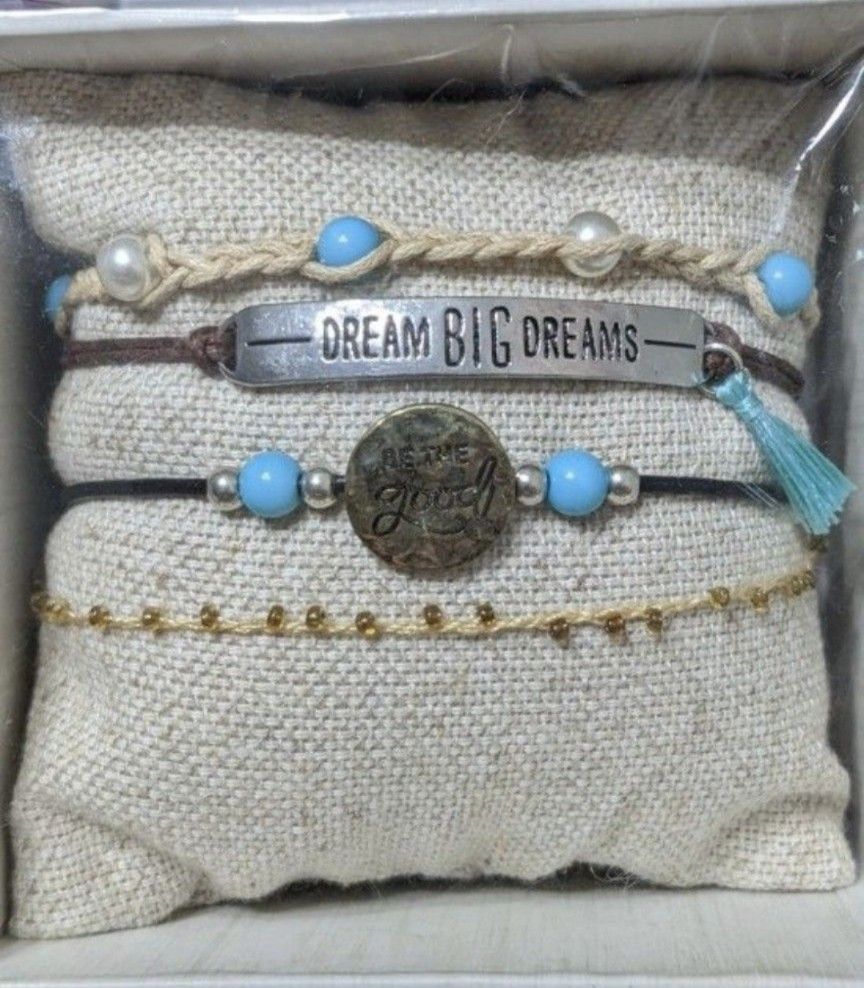 4 Piece Bracelet Set , Corded Bracelets, Stamped Metal & Beaded