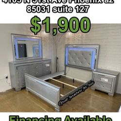Queen Size Led Bedroom Set Include Bed Frame Dresser Mirror And Night and Brand New