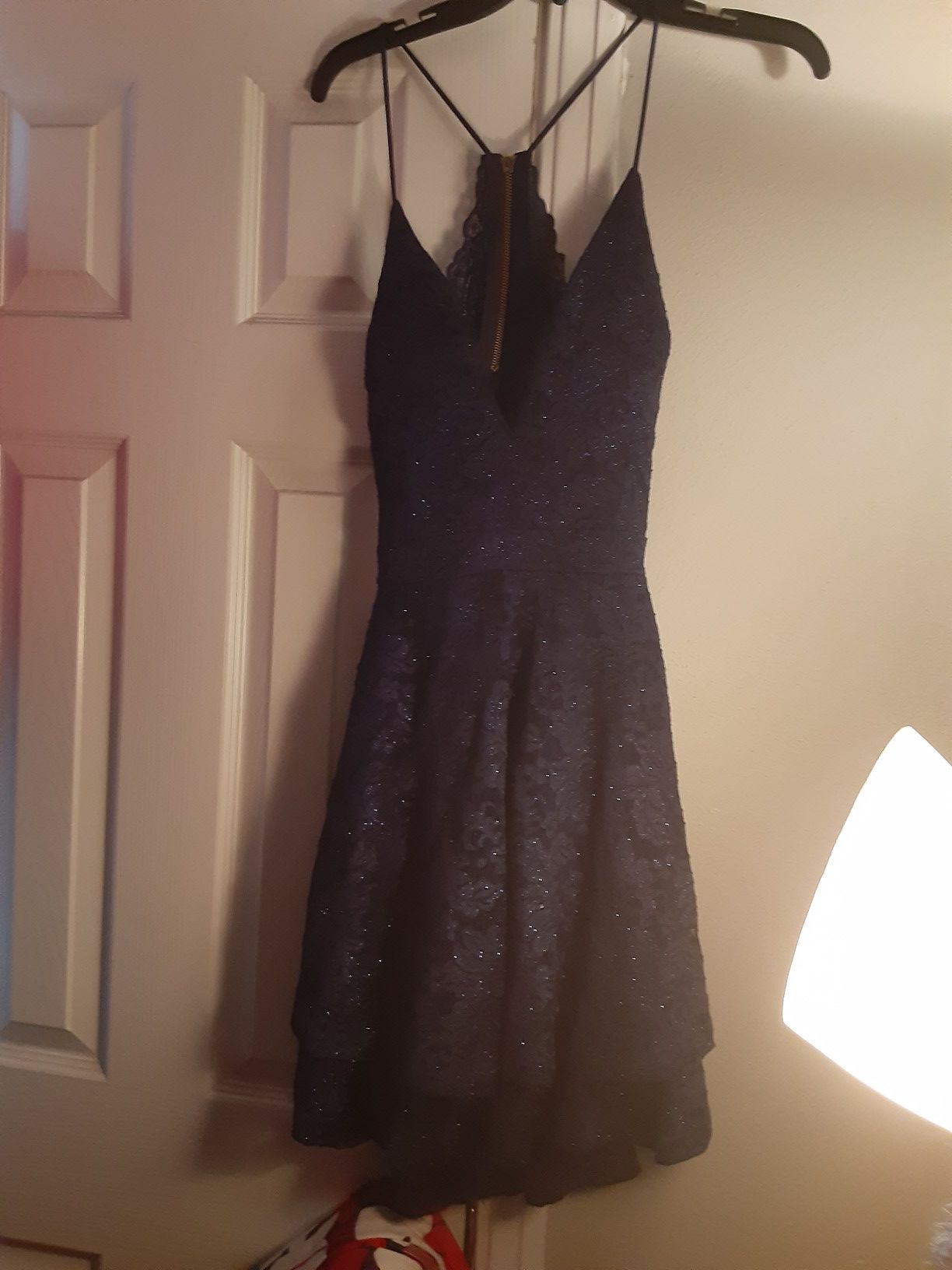 Navy Blue short cocktail/prom dress, L, built in bra, cut out in back with lace zipper. Cute, sexy and great for FL weather!