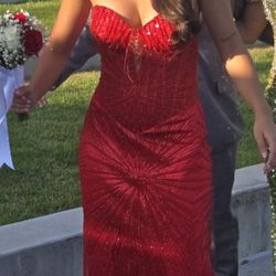 Red Beaded Corset Prom Dress 