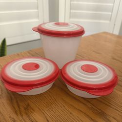 $15 for the set of 3 Tupperware Stuffables Containers, (1) 3 cup and (2) 1 cup containers.  Flexible seal allows you to overstuff the container or fit