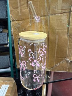 4 Set 16 oz Coquette Bows Glass Cups with Lids and Bows Straws Cleaning Brushes Aesthetic Iced Coffee Cup Reusable Mug for Women Sister Birthday Gift