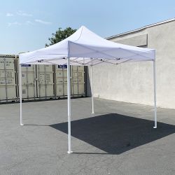 New In Box $100 Heavy-Duty 10x10 ft Popup Canopy Tent Instant Shade w/ Carry Bag Rope Stake, White/Blue 