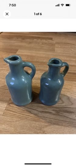 VINTAGE SEA GREEN POTTERY PITCHER STYLE VASE Set Of Two Handmade 