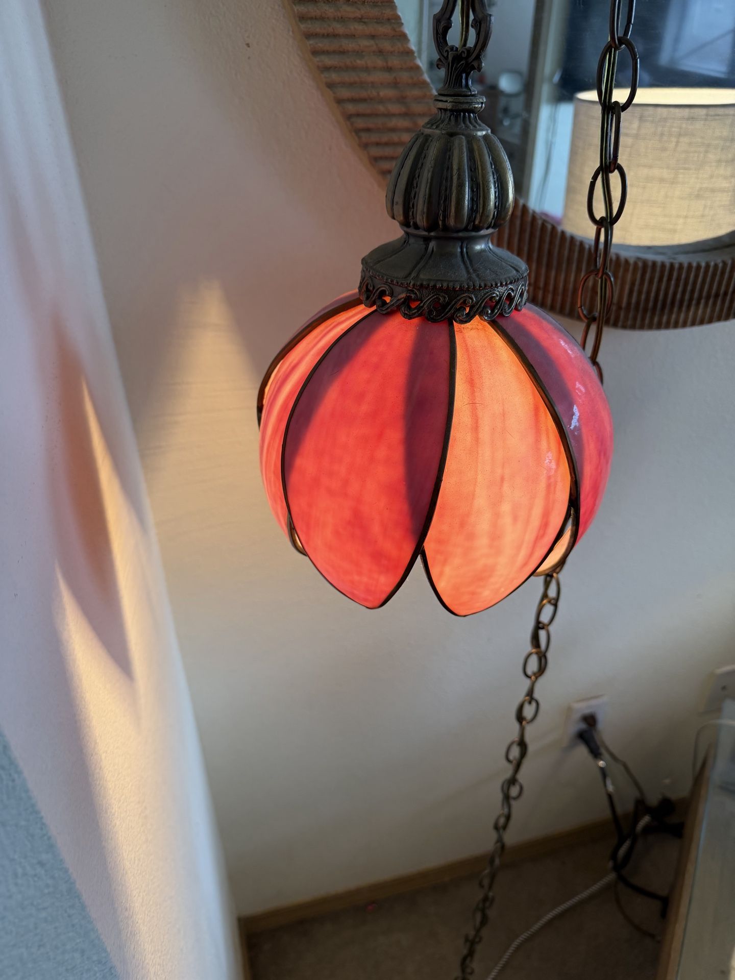 Matching Pink Tulip Pendant Lights 🌸 Set of 2 – Vintage Stained Glass Style