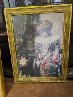 Framed Vintage Figurative Art Print – Child with Basket