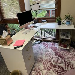 59 in. W L-Shape Gold Home Office Two-Tone Desk with Storage Computer Desk (White)
