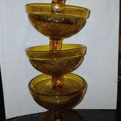 Amber Gold Floral Daisy Indiana Glass Dessert Cups Set of 4 Vintage