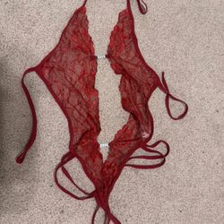 New Medium red lace bodysuit rhinestone lingerie outfit sheer