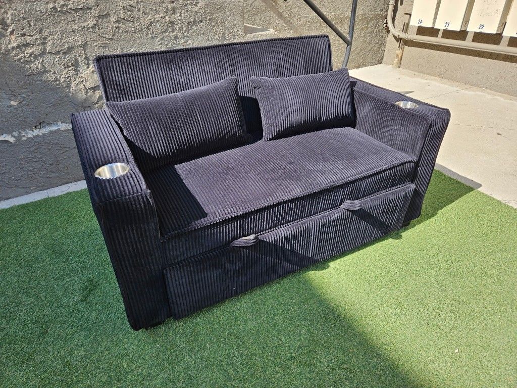Brand New Sofá Pull Out Bed Black Corduroy USB & UsB Charger $369 