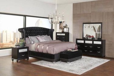4PC EASTERN KING BEDROOM SET: KING BED FRAME, DRESSER, MIRROR, NIGHTSTAND--BLACK VELVET
