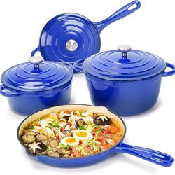 Enameled Cast Iron Cookware Set,7 Piece Dutch Ovens Set,Blue Ceramic Coated Cast Iron,Sauce Pan,Skillet,3 Lids,Pots and Pans Set,Heavy Duty, Gas & Ind