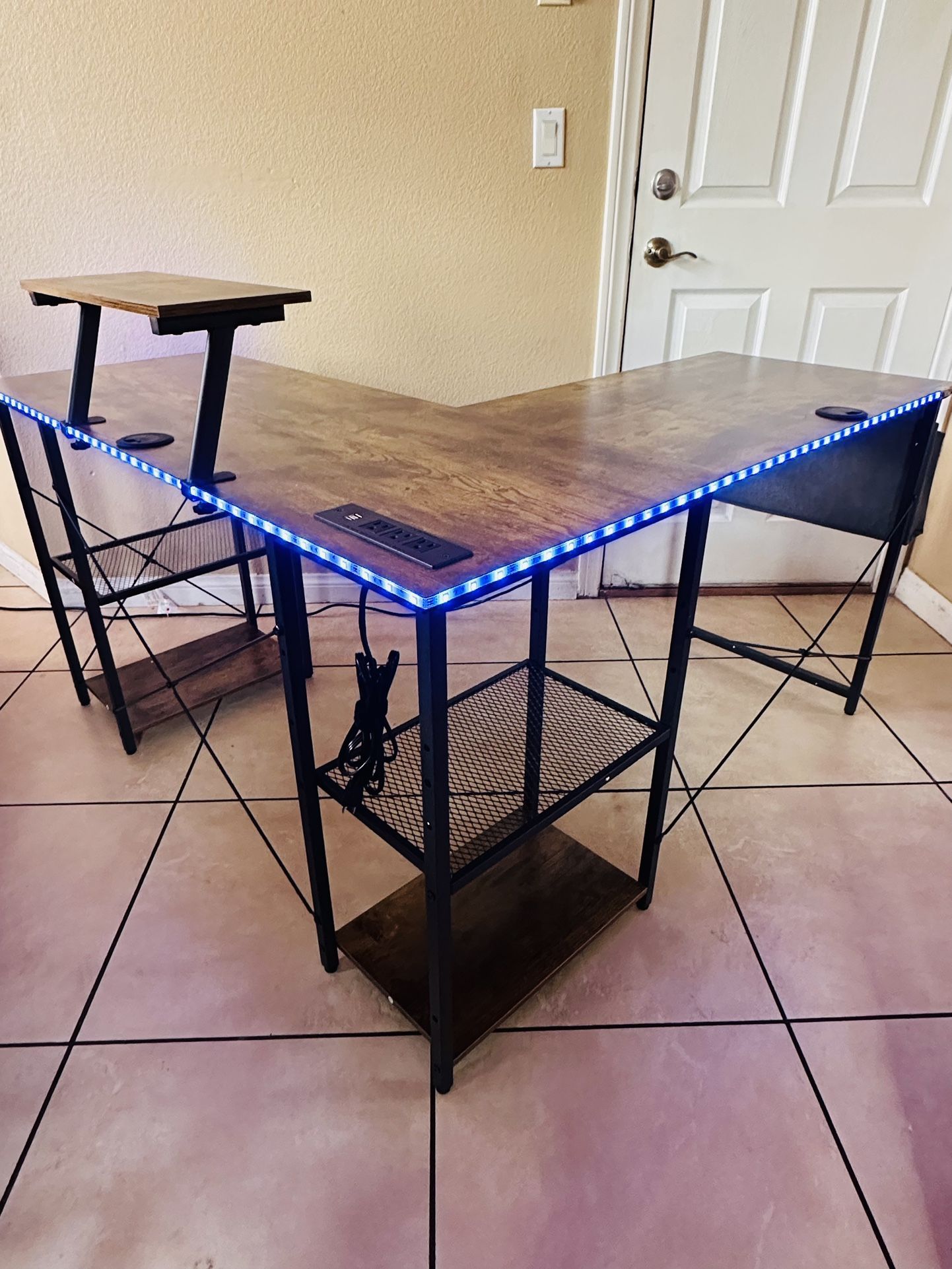 Aheaplus L Shaped Desk with Outlet and USB Charging Ports, L-Shaped Desk with Storage Shelves Reversible Corner Computer Desk 2 Person Long Table with