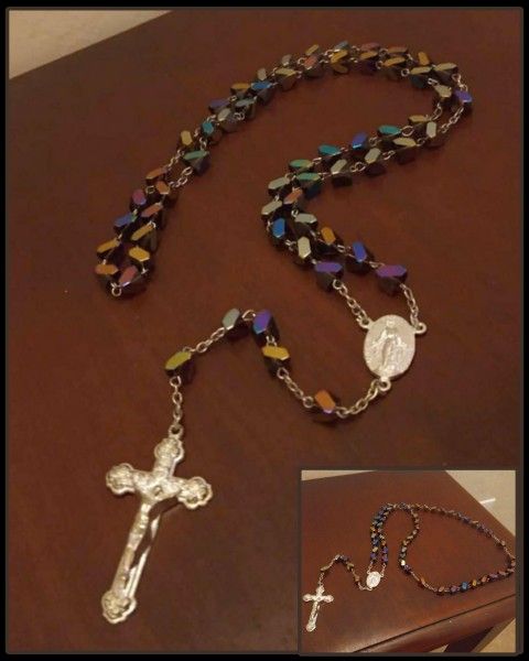AB BEADED ROSARY SILVER CROSS CRUCIFIX NECKLACE JESUS MARY RELIGIOUS PENDANT CHARM JEWELRY COLLECTABLE