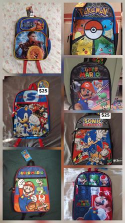 Sonic, Mario, Pokemon or Marvel Backpack Each $25