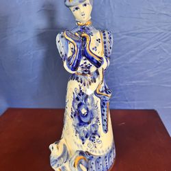 Russian Gzhel Porcelain Victorian Lady with dog Figurine hand made & painted 